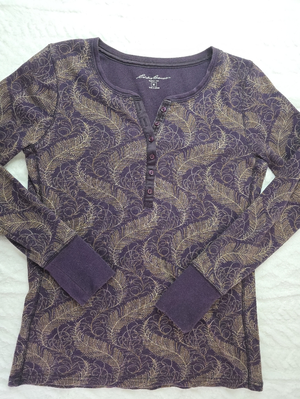 Eddie Bauer Henley Thermal Top Purple Feather Waffle Knit Outdoor Layering M
